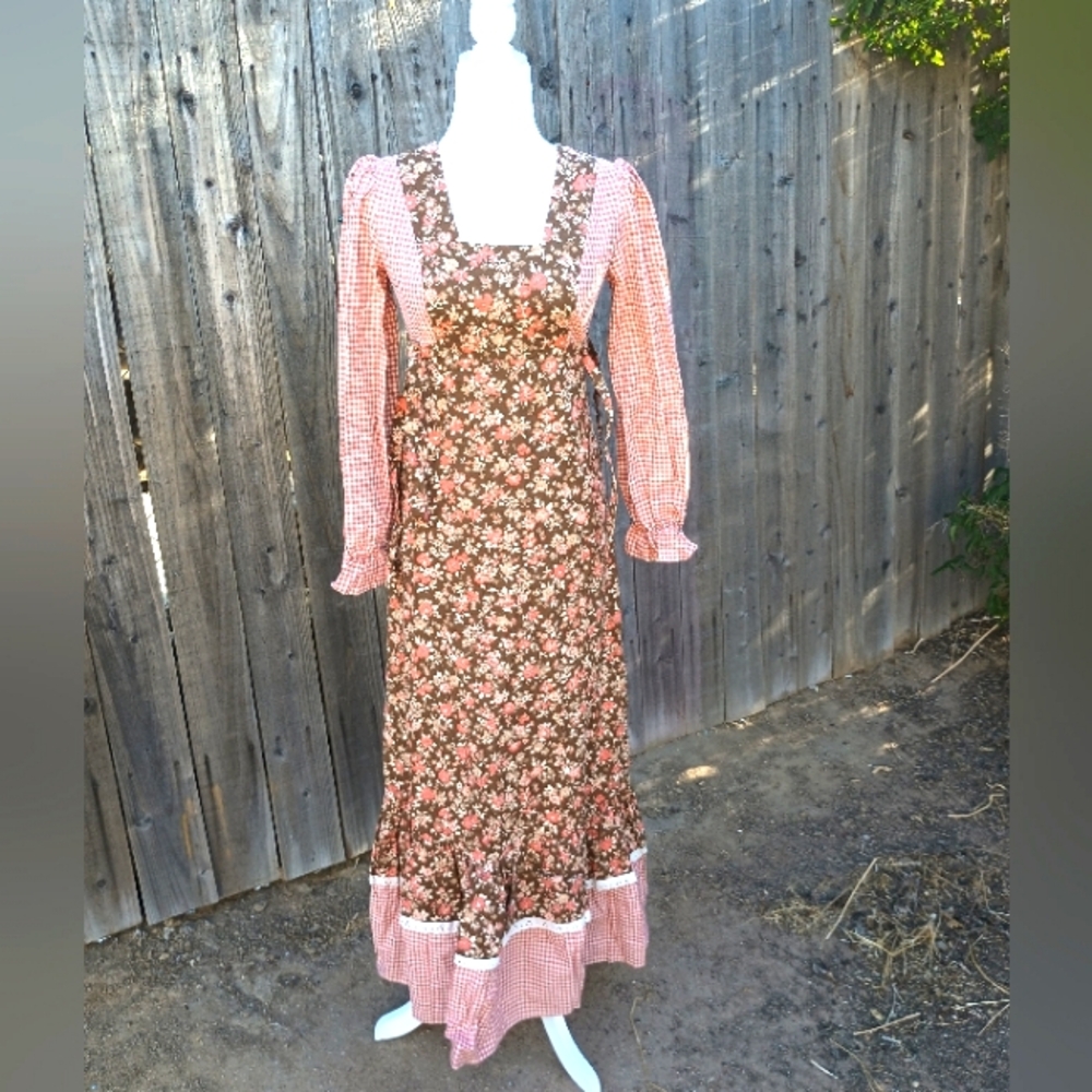 Floral Brown Maxi Pinafore Dress with Pink Gingham Accents